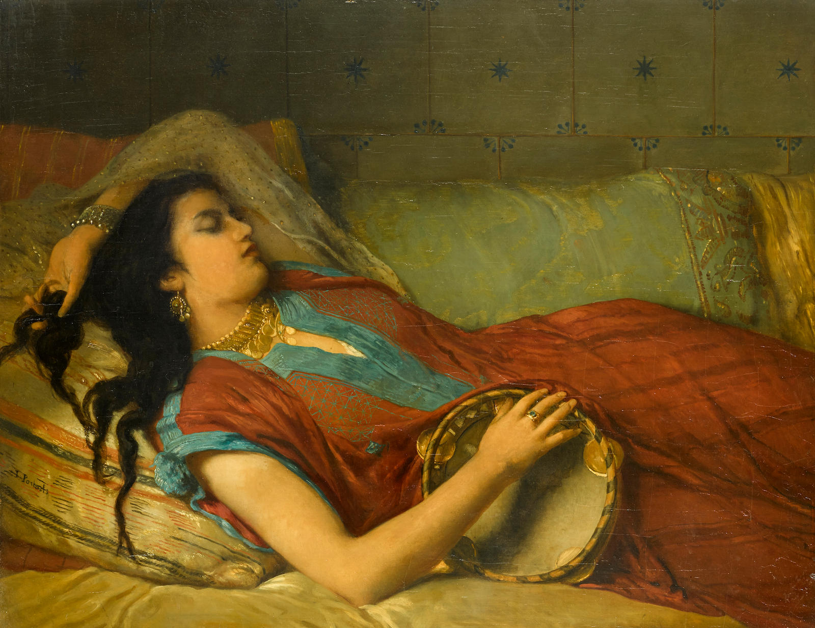 Jean-François Portaels: The tambourine player in repose - public domain via wikicommons - wikidata:Q123183202 reasonator:Q123183202