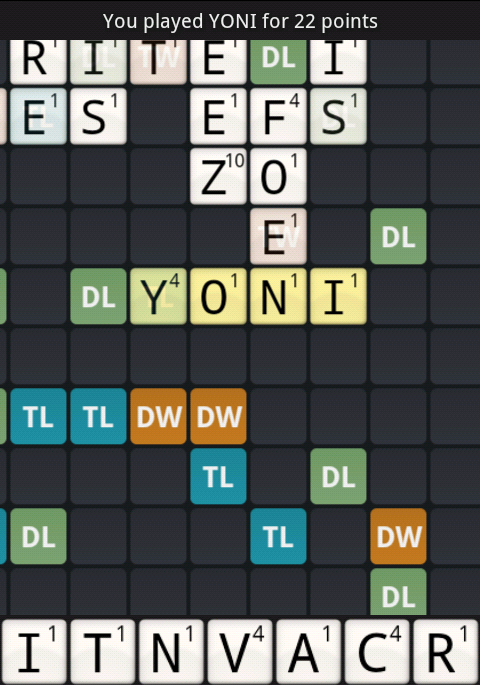 screenshot of an old smartphone featuring a scrabble-style game that is discontinued, and i have just played the word yoni for 22 points